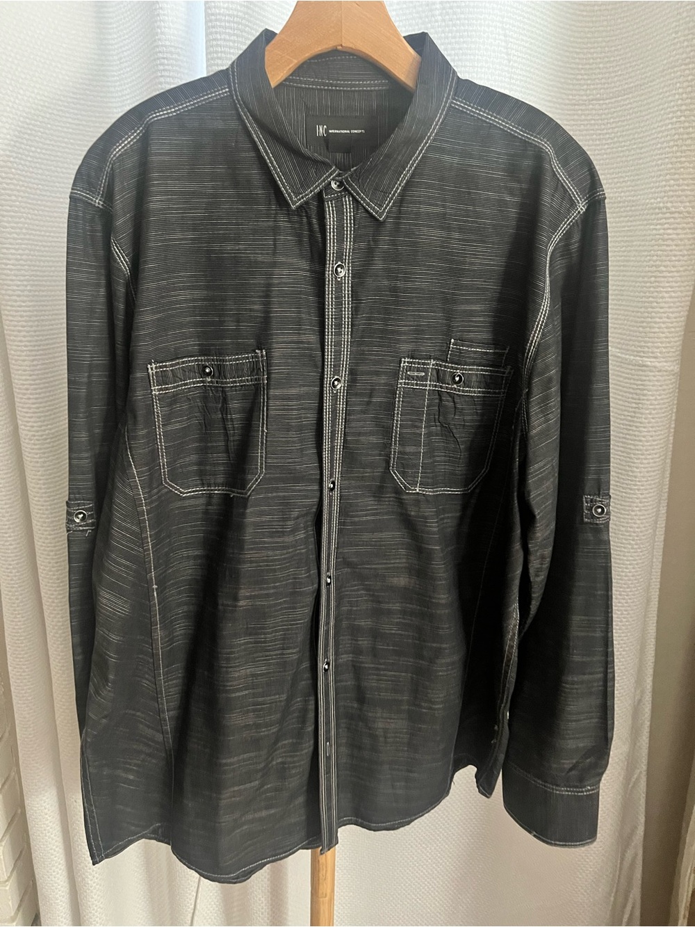 Mens Black Button-Down Shirt with White Contrast Stitching mens XL
